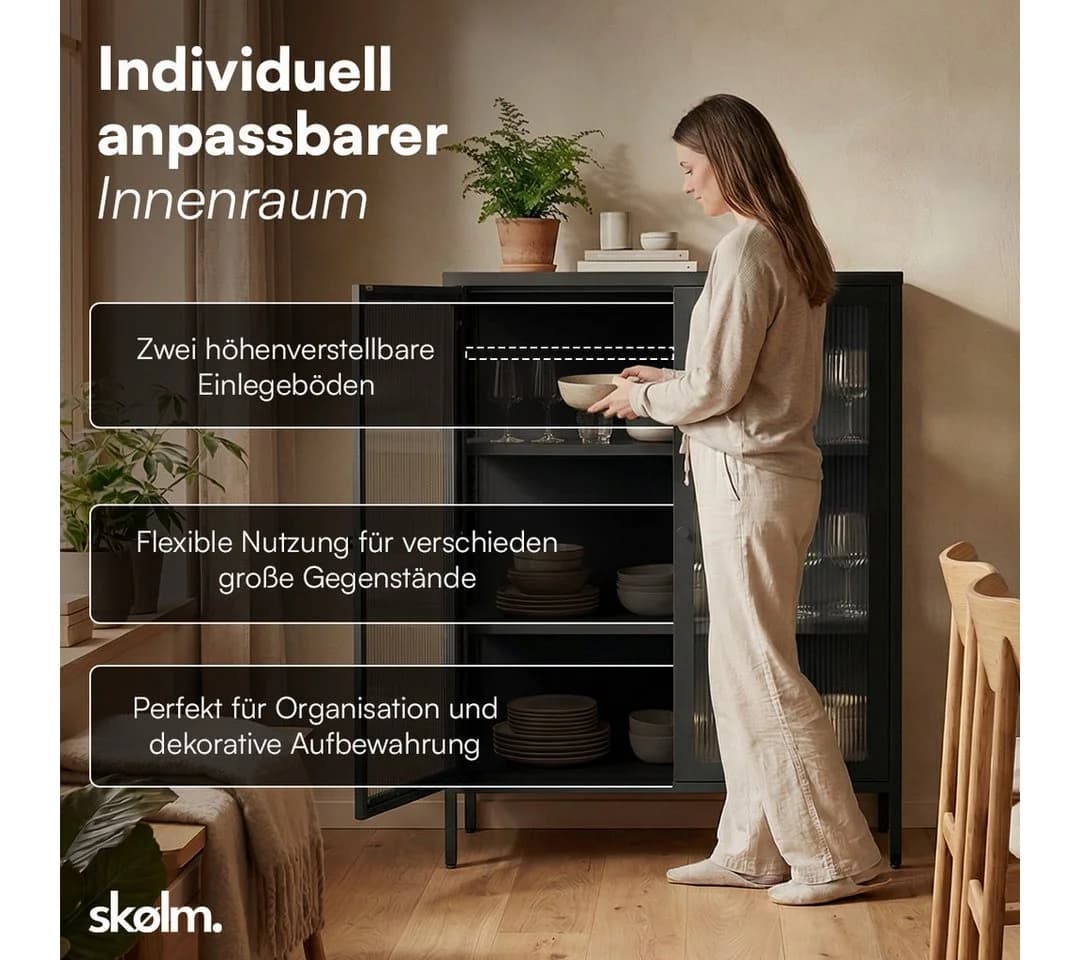skølm Highboard Norns Vitrinenschrank Schwarz Metall mit Glastüren - Bild 5