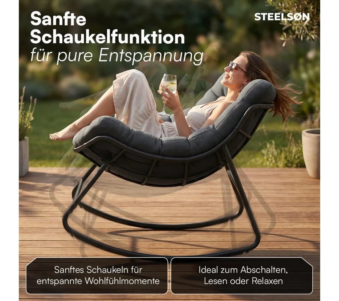 STEELSØN Schaukelstuhl Veldora Anthrazit Polyrattan mit Kissen