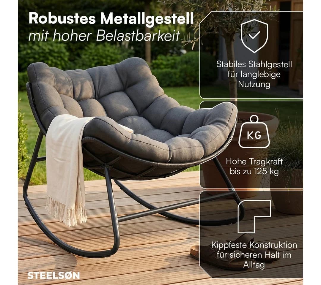 STEELSØN Schaukelstuhl Veldora Anthrazit Polyrattan mit Kissen - Bild 4