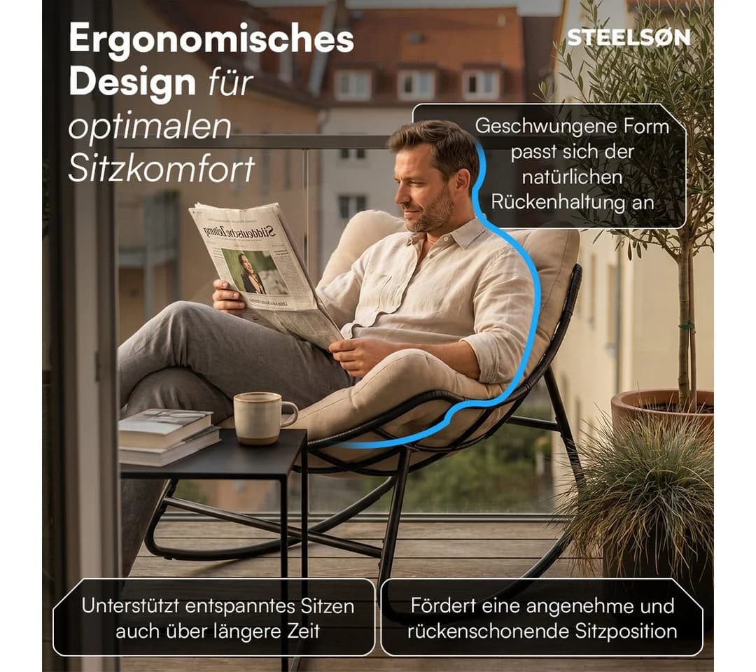 STEELSØN Schaukelstuhl Veldora Beige Polyrattan mit Kissen - Bild 3
