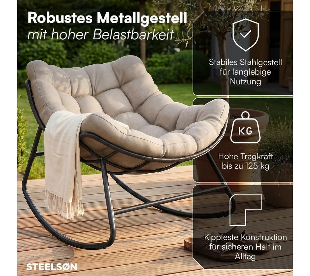 STEELSØN Schaukelstuhl Veldora Beige Polyrattan mit Kissen - Bild 4