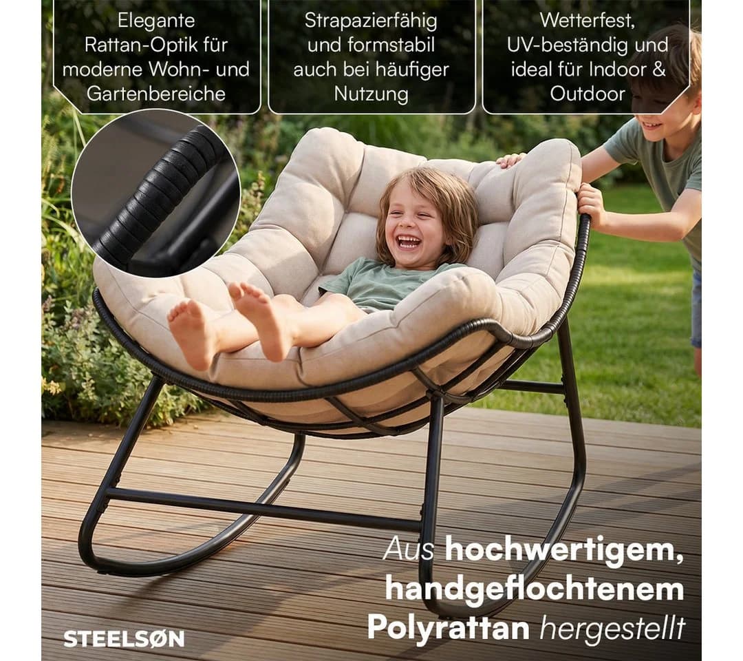 STEELSØN Schaukelstuhl Veldora Beige Polyrattan mit Kissen - Bild 5