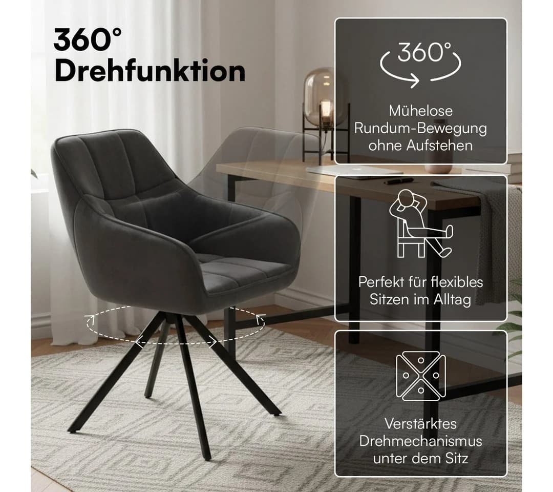 skølm Esszimmerstuhl Sköll Drehstuhl Samt 2er Set Dunkelgrau - Bild 3