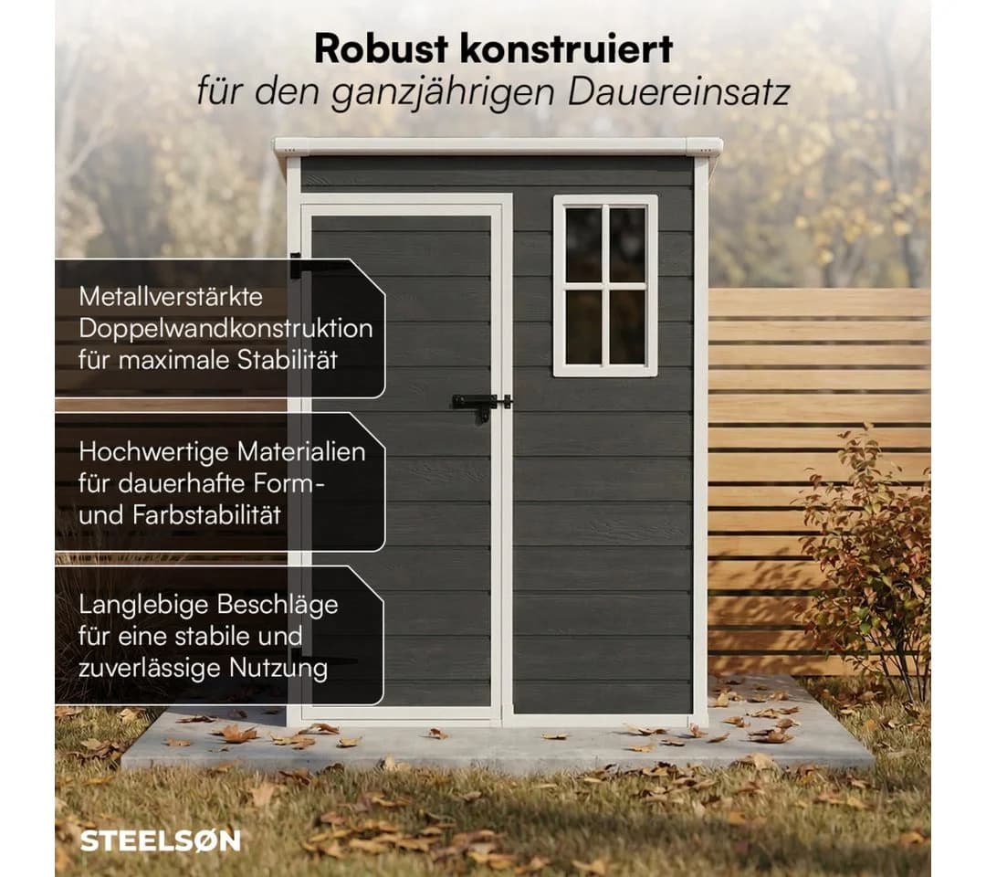 STEELSØN Gerätehaus Novara Grau mit Holzoptik Pultdach - Bild 3