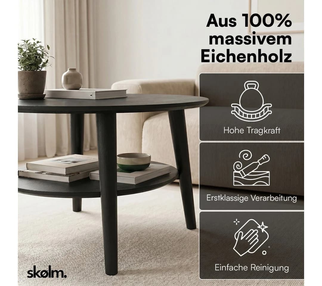 skølm Couchtisch Mjölnir Eiche massiv schwarz lackiert mit 2 Ablagen - Bild 3