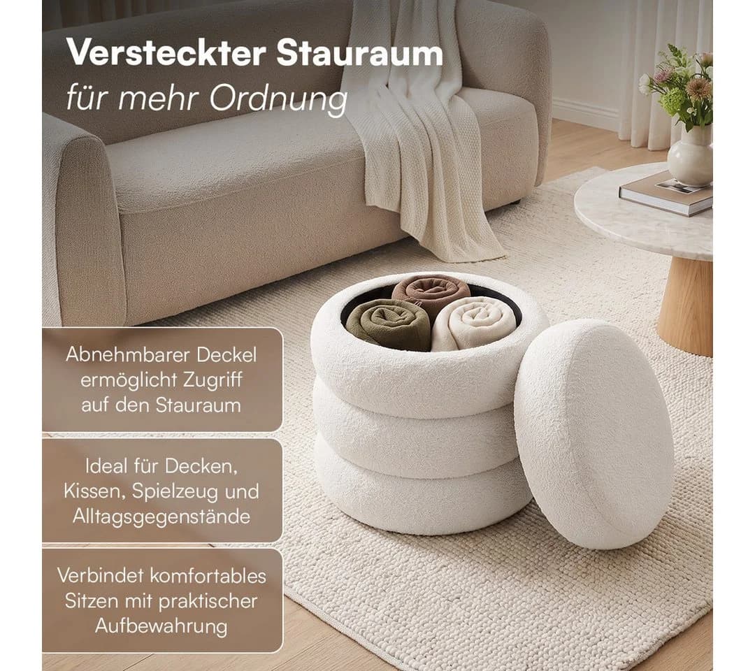 skølm Hocker Selene mit Stauraum Teddy Bouclé Creme-Weiß
