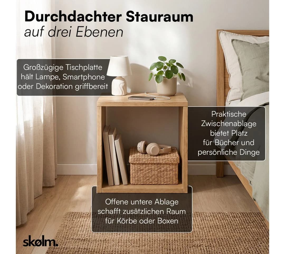 skølm Nachttisch Floki Eiche massiv offen 40x40x40 cm - Bild 5