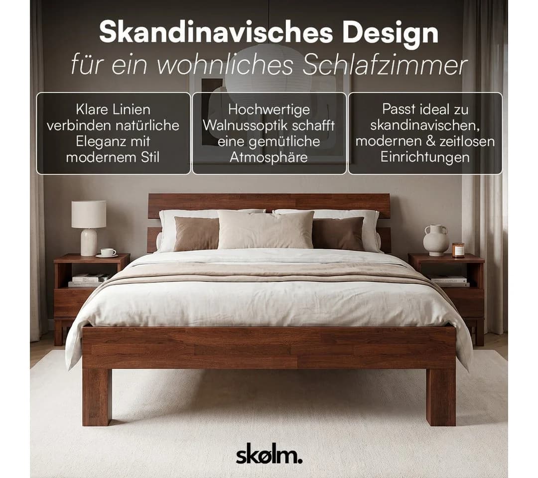 skølm Massivholzbett Floki Eiche Walnussoptik mit Kopfteil