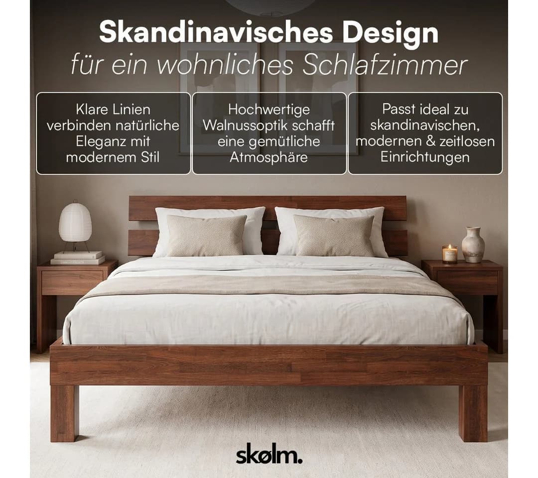 skølm Massivholzbett Floki Eiche Walnussoptik mit geneigtem Kopfteil