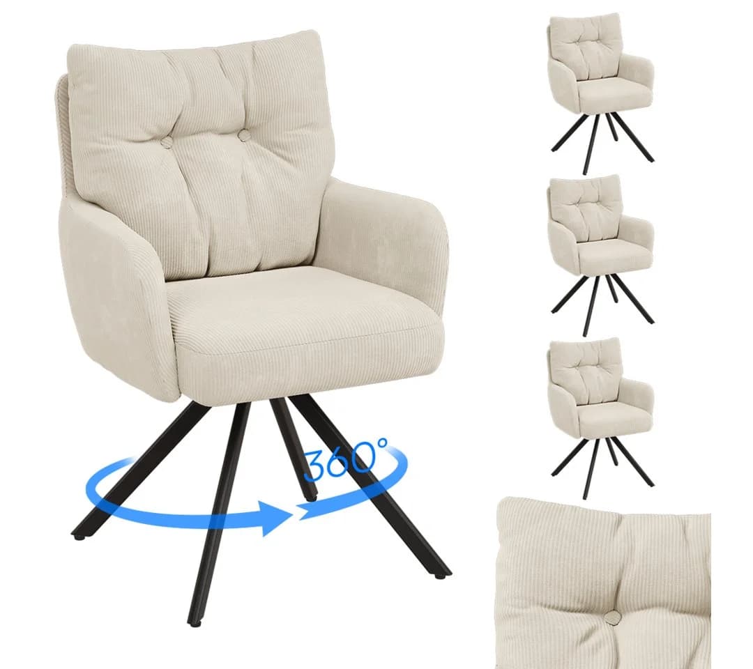 skølm Esszimmerstuhl Arvakr 4er-Set Cord Creme-Weiß 360° drehbar - Bild 2