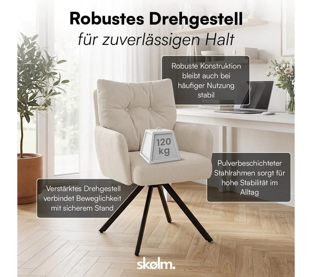 skølm Esszimmerstuhl Arvakr 4er-Set Cord Creme-Weiß 360° drehbar - Bild 3