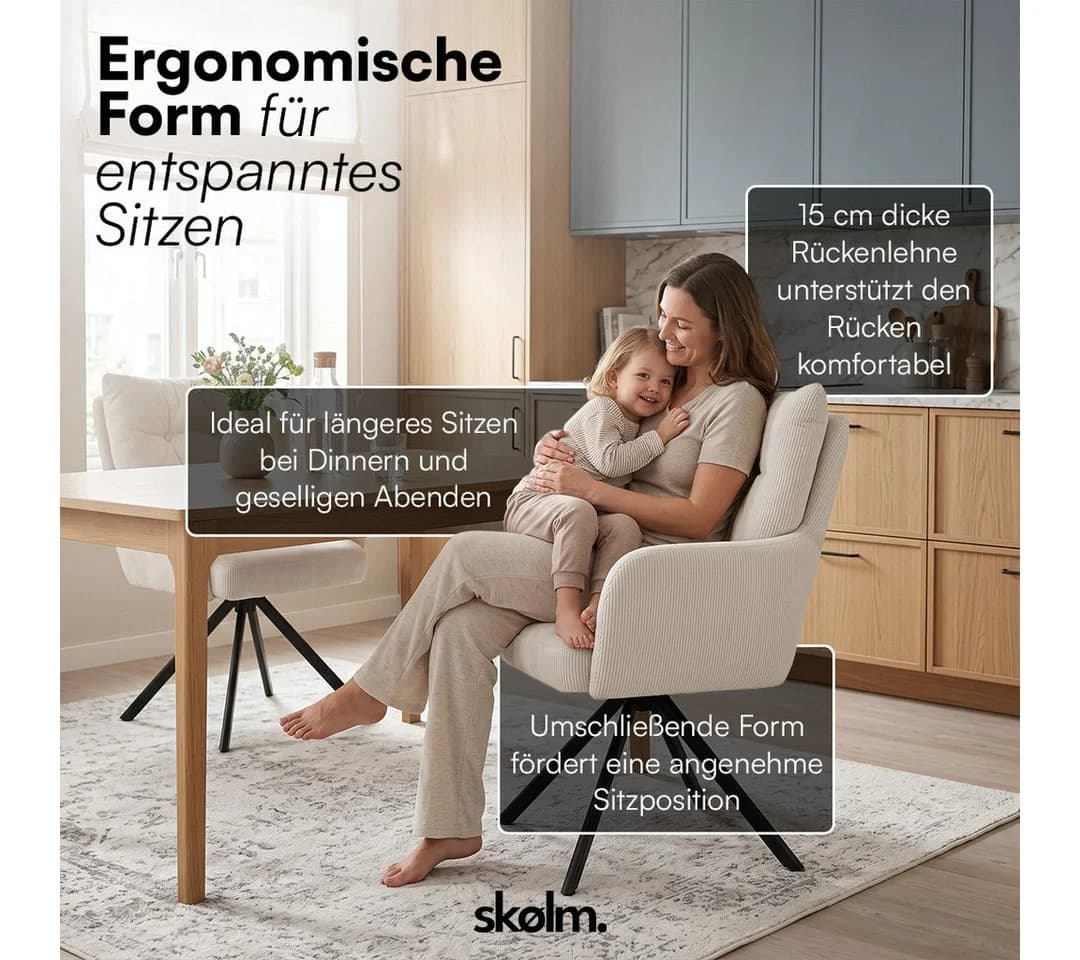 skølm Esszimmerstuhl Arvakr 4er-Set Cord Creme-Weiß 360° drehbar - Bild 5