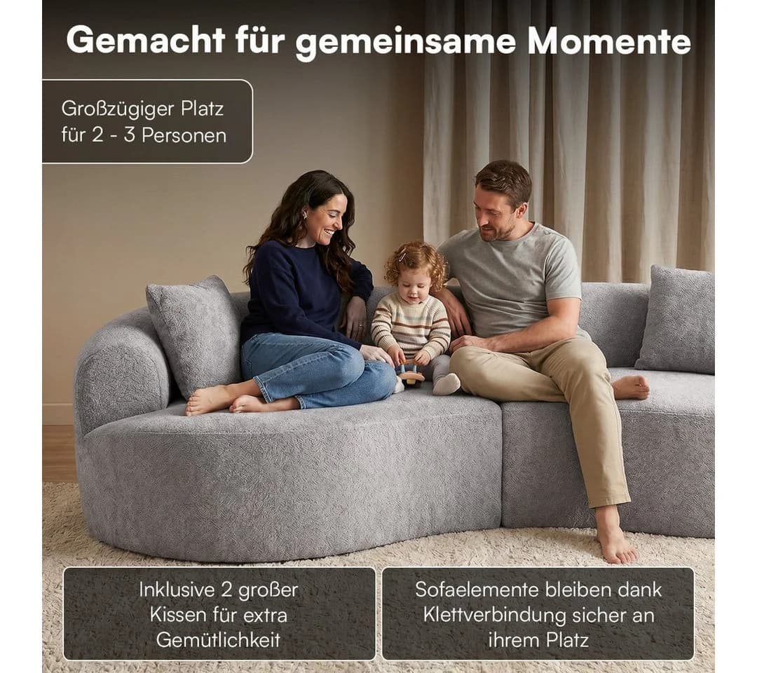 skølm Sofa Loki 2-Sitzer Grau Teddy-Bouclé mit Kissen