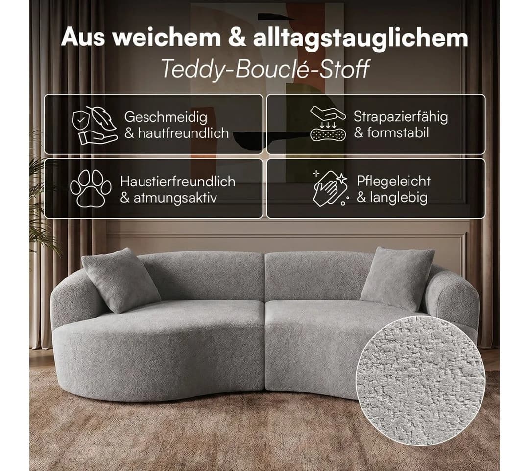 skølm Sofa Loki 2-Sitzer Grau Teddy-Bouclé mit Kissen - Bild 5