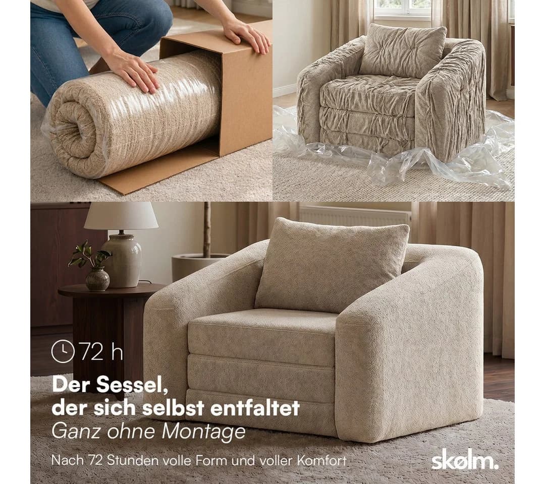 skølm Fjäll Schlafsessel Beige Teddy-Bouclé mit Matratze - Bild 3