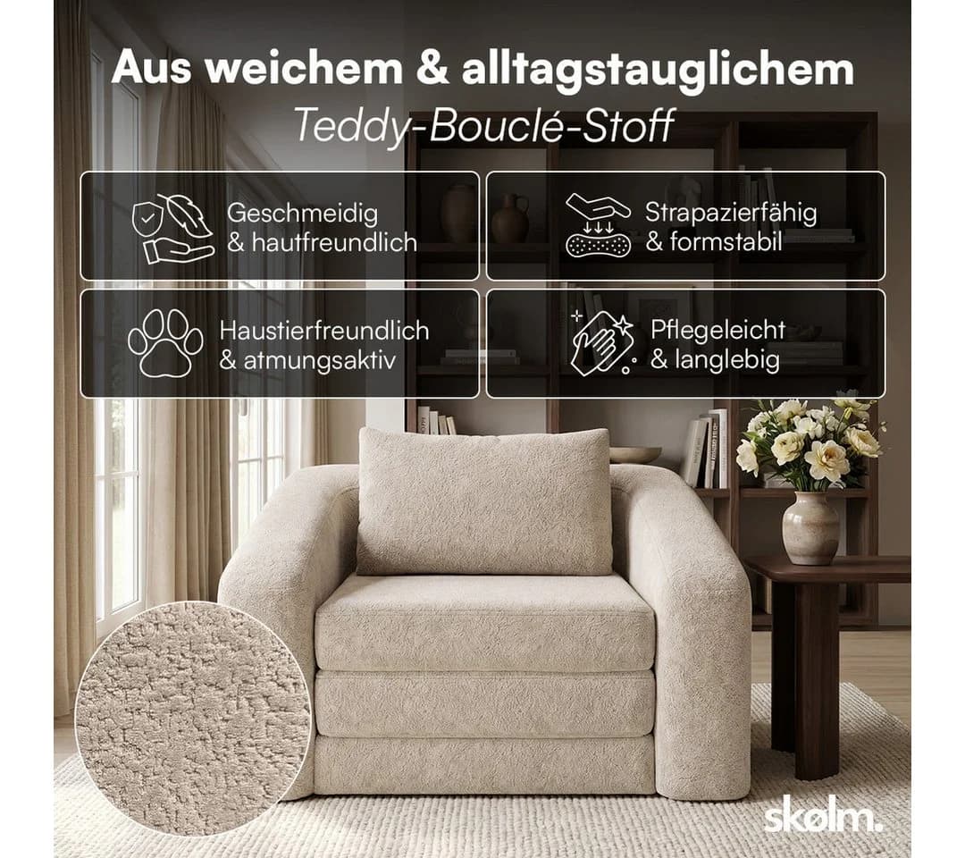 skølm Fjäll Schlafsessel Beige Teddy-Bouclé mit Matratze - Bild 4