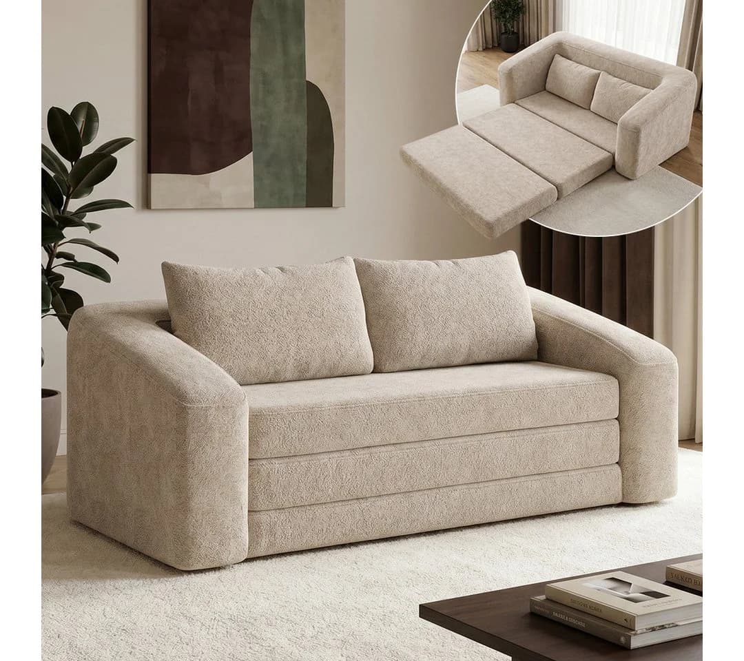 skølm Schlafsofa Fjäll Teddy-Bouclé Beige ausklappbar mit Kissen - Bild 2