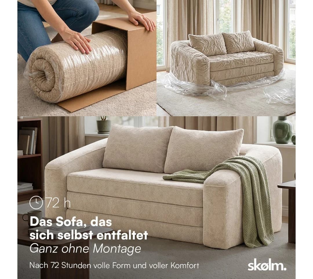 skølm Schlafsofa Fjäll Teddy-Bouclé Beige ausklappbar mit Kissen - Bild 3