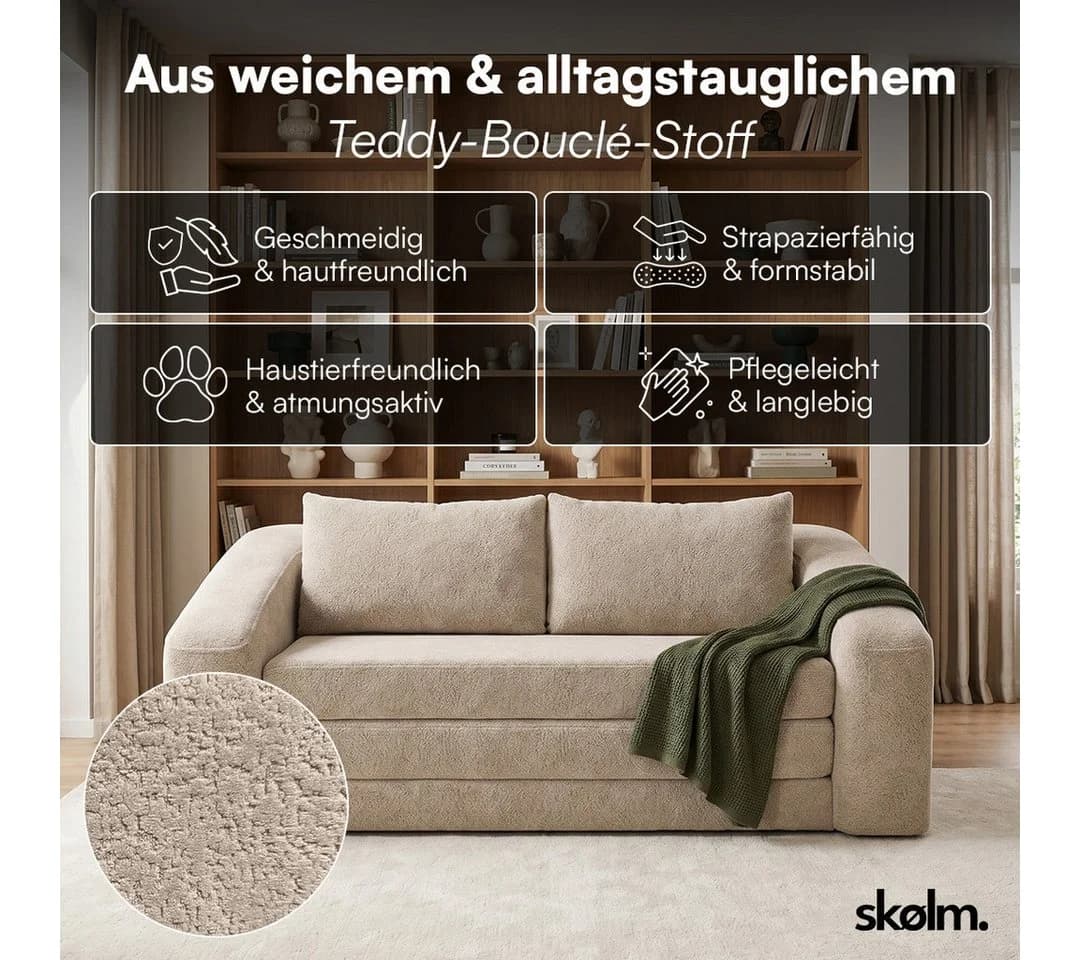 skølm Schlafsofa Fjäll Teddy-Bouclé Beige ausklappbar mit Kissen - Bild 4