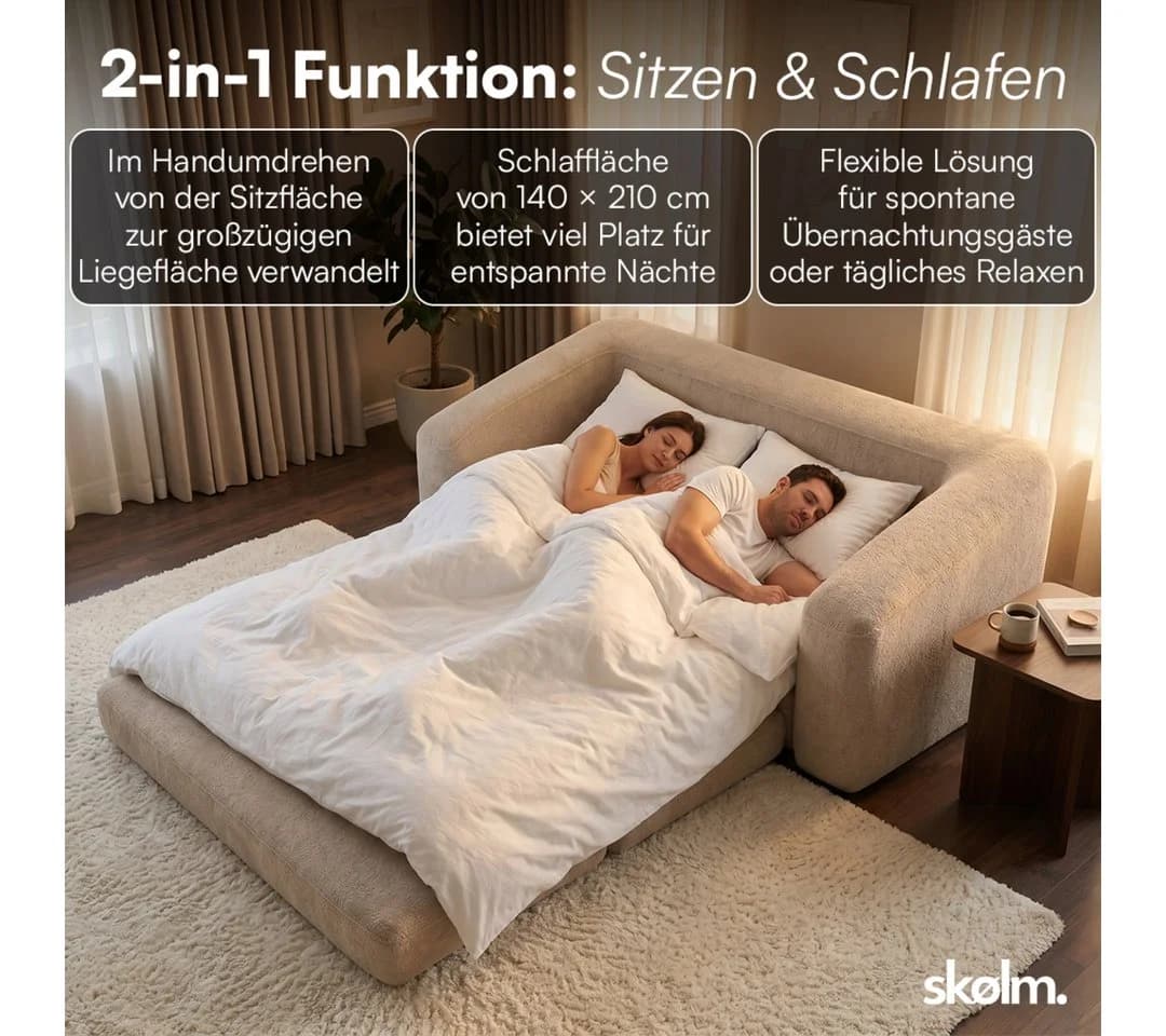 skølm Schlafsofa Fjäll Teddy-Bouclé Beige ausklappbar mit Kissen - Bild 5