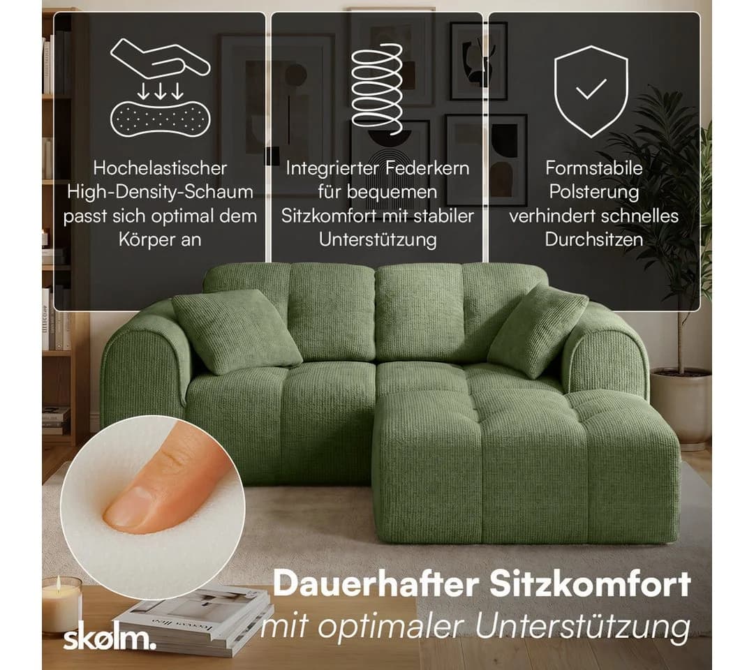 skølm Sofa Vanaheim 2-Sitzer mit Hocker & 2 Kissen, Chenille, Grün