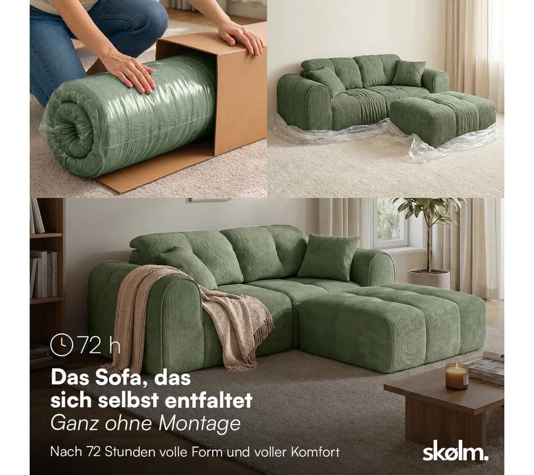skølm Sofa Vanaheim 2-Sitzer mit Hocker & 2 Kissen, Chenille, Grün - Bild 3