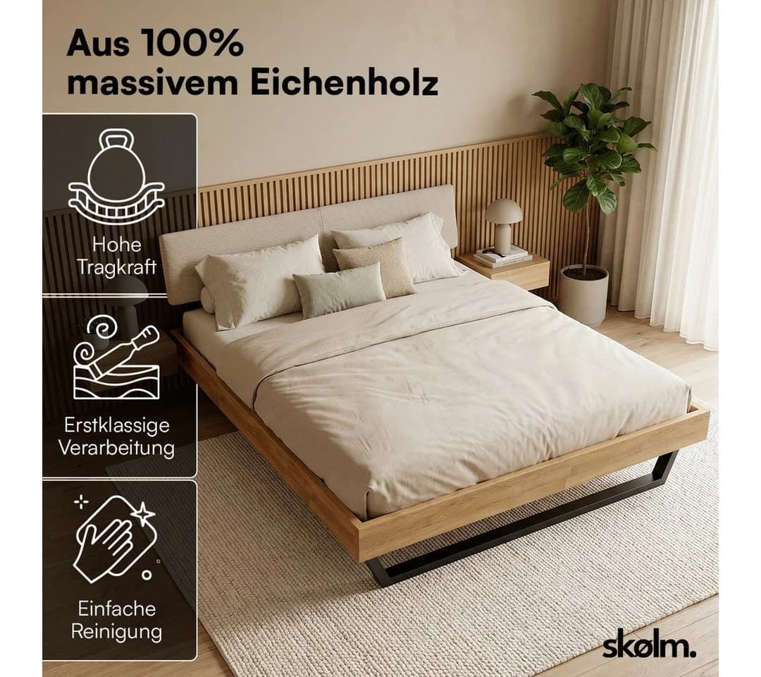 skølm Massivholzbett Alver Eiche mit Cord Kopfteil Beige