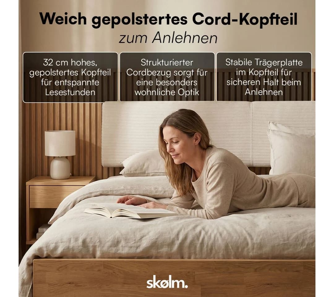 skølm Massivholzbett Alver Eiche mit Cord Kopfteil Beige - Bild 4
