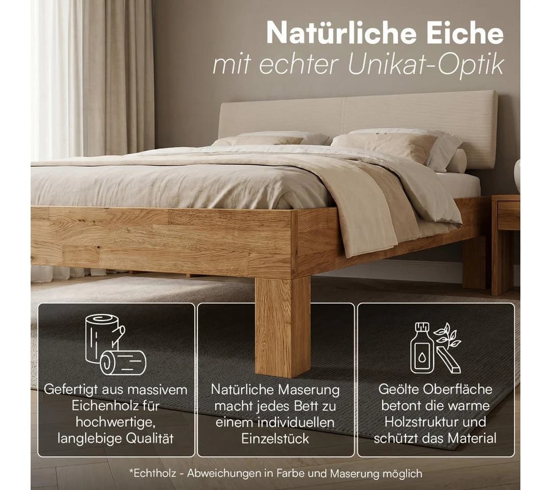 skølm Massivholzbett Floki Eiche mit gepolstertem Cord-Kopfteil beige