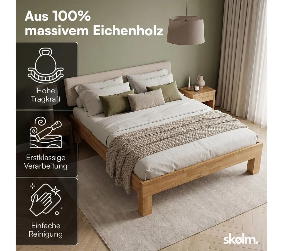 skølm Massivholzbett Floki Eiche mit gepolstertem Cord-Kopfteil beige - Bild 3