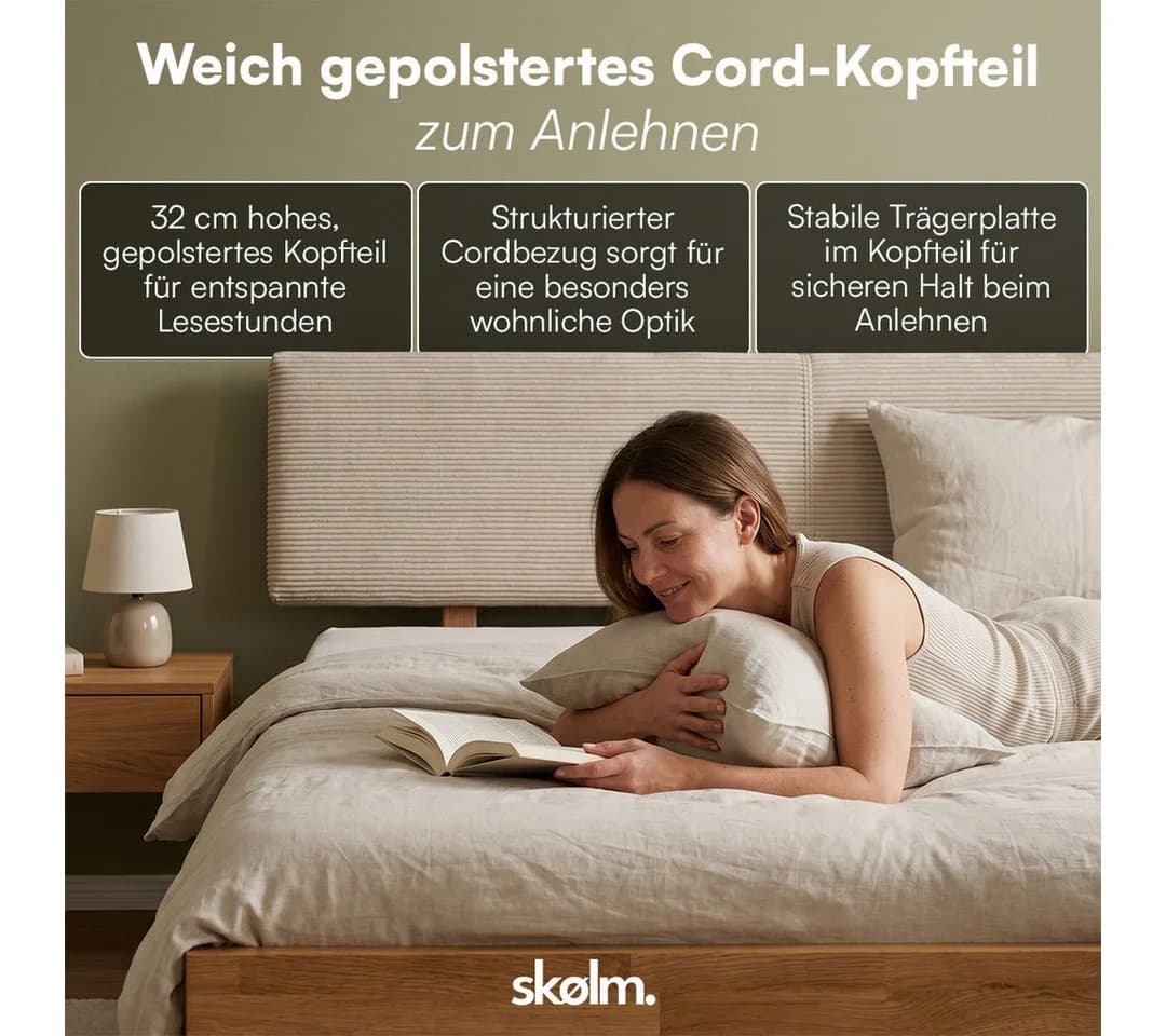 skølm Massivholzbett Floki Eiche mit gepolstertem Cord-Kopfteil beige - Bild 4