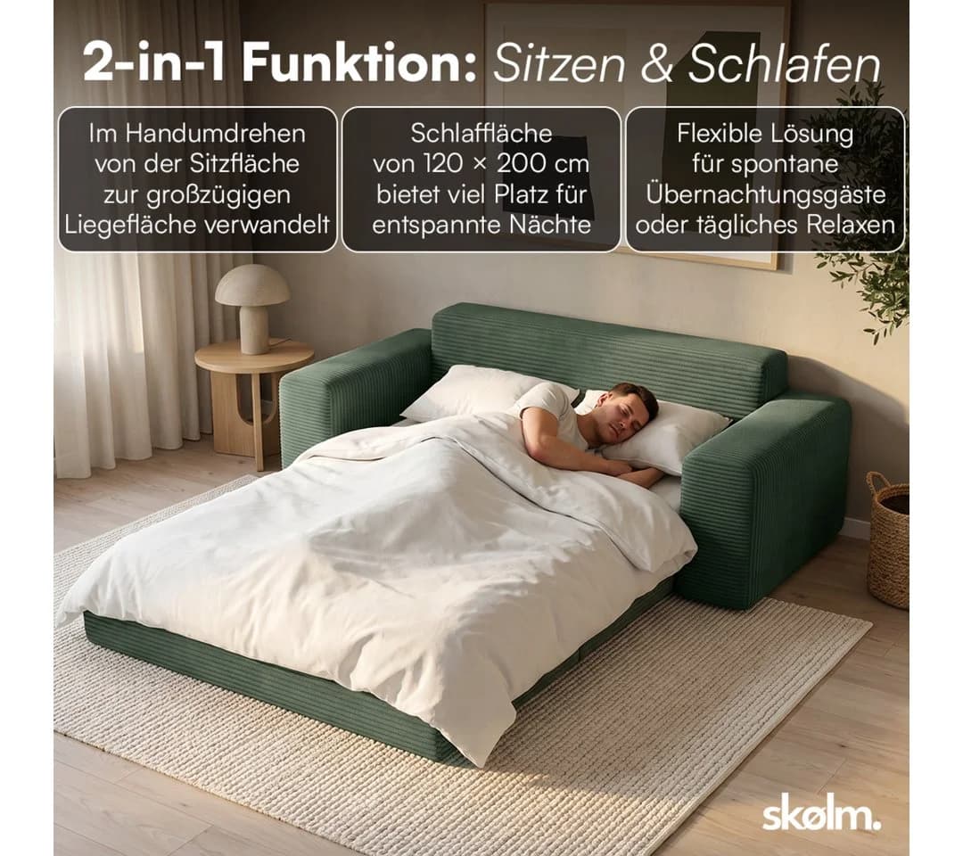 skølm Schlafsofa Kvasir Cord Dunkelgrün mit Gästebettfunktion - Bild 5