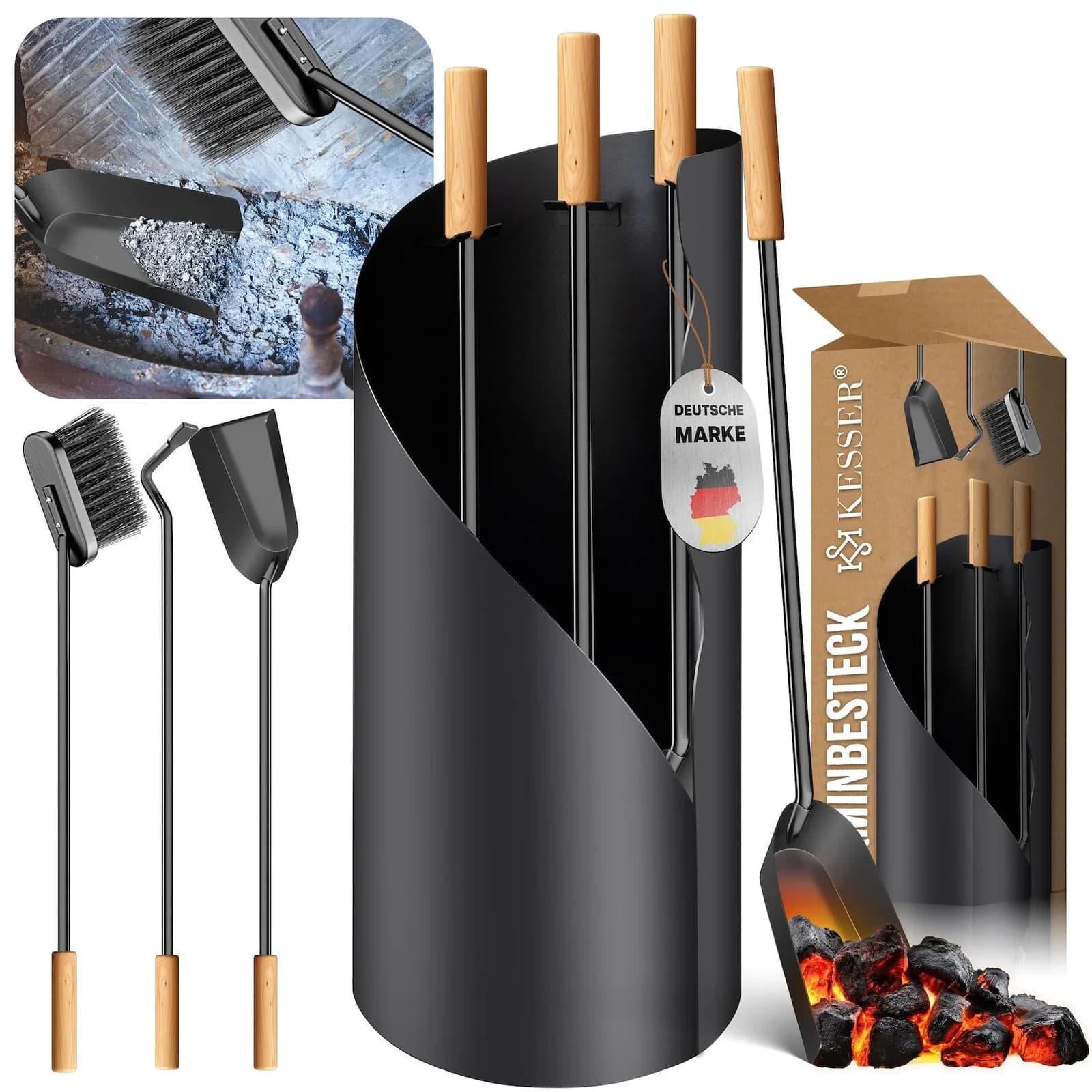 KESSER Kaminbesteck Set 4-teilig Modern Design Stahl Edelstahlgriffe
