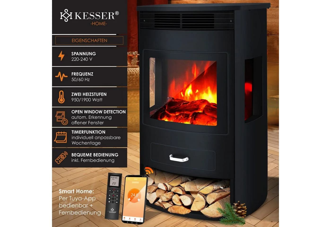 KESSER Prio Elektrokamin Schwarz mit WiFi App und LED-Flammeneffekt - Bild 2