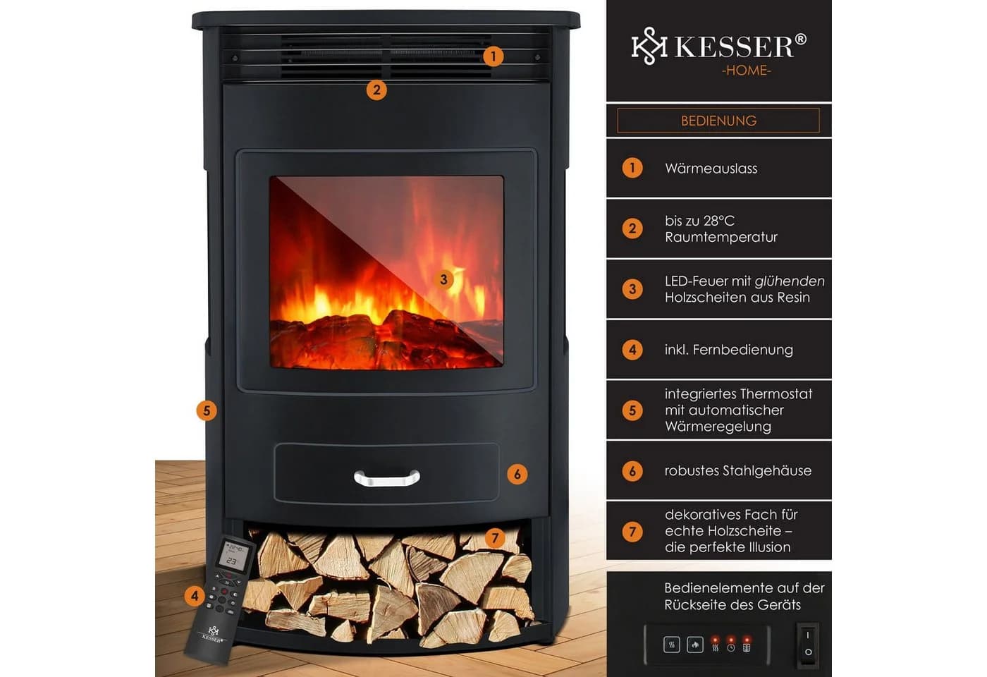KESSER Prio Elektrokamin Schwarz mit WiFi App und LED-Flammeneffekt - Bild 5