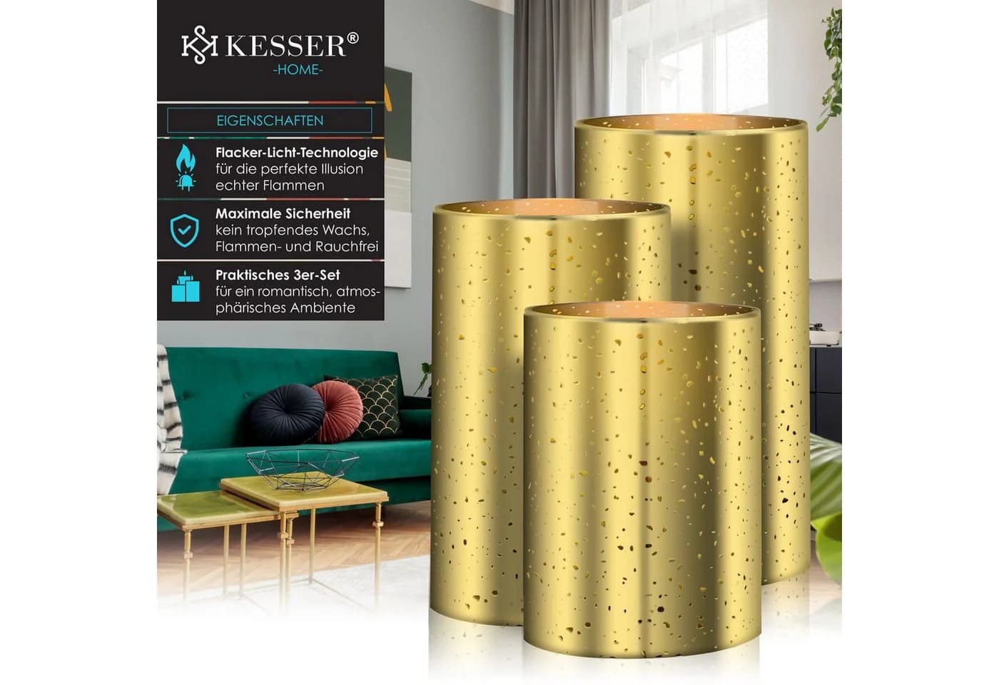 KESSER LED-Kerze 3er Set Echtwachs Flackernd mit Timer Gold