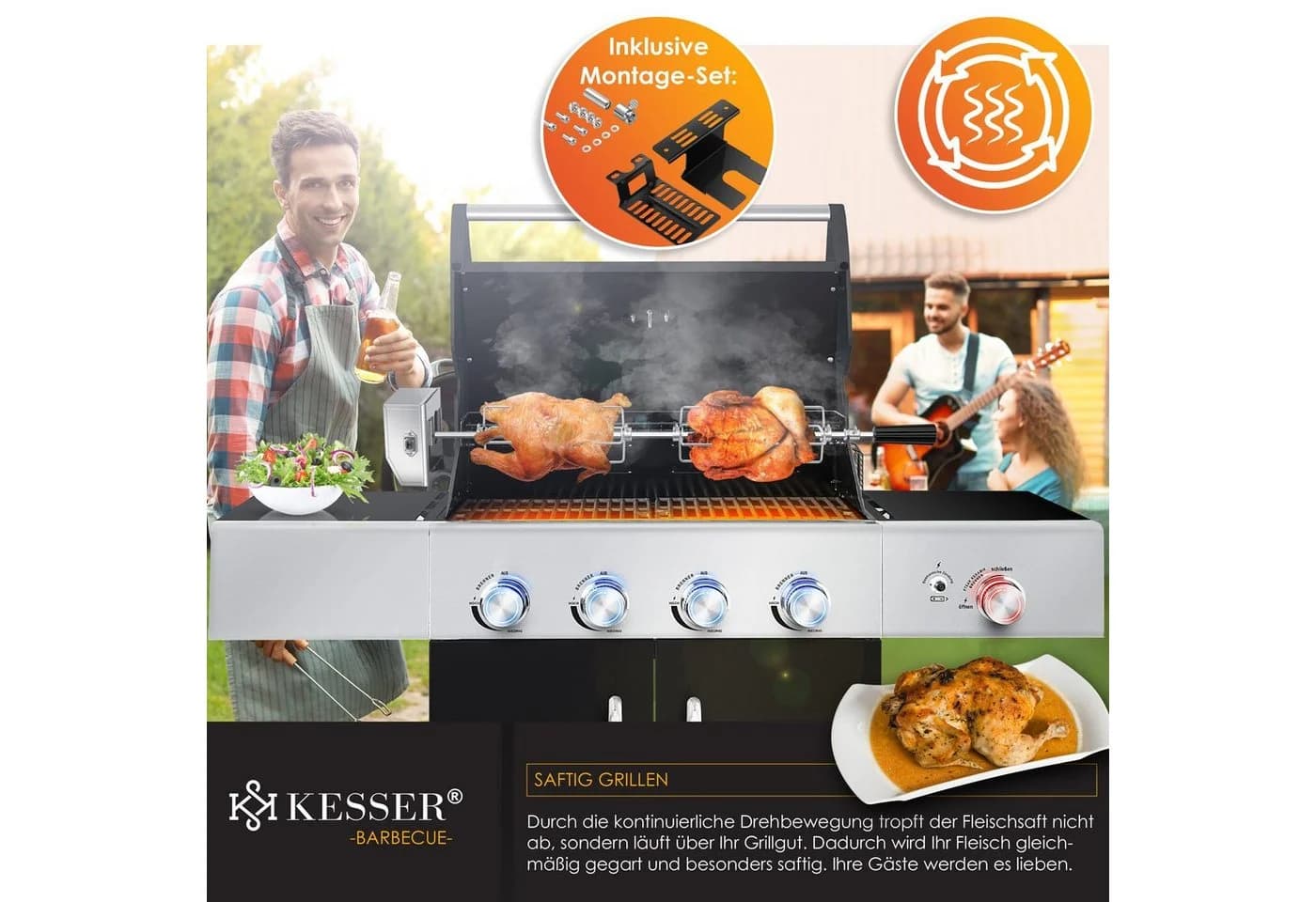 KESSER Grillspieß Set 116cm mit Motor, 4 Fleischgabeln, 25kg Tragkraft, Rostfrei - Bild 3