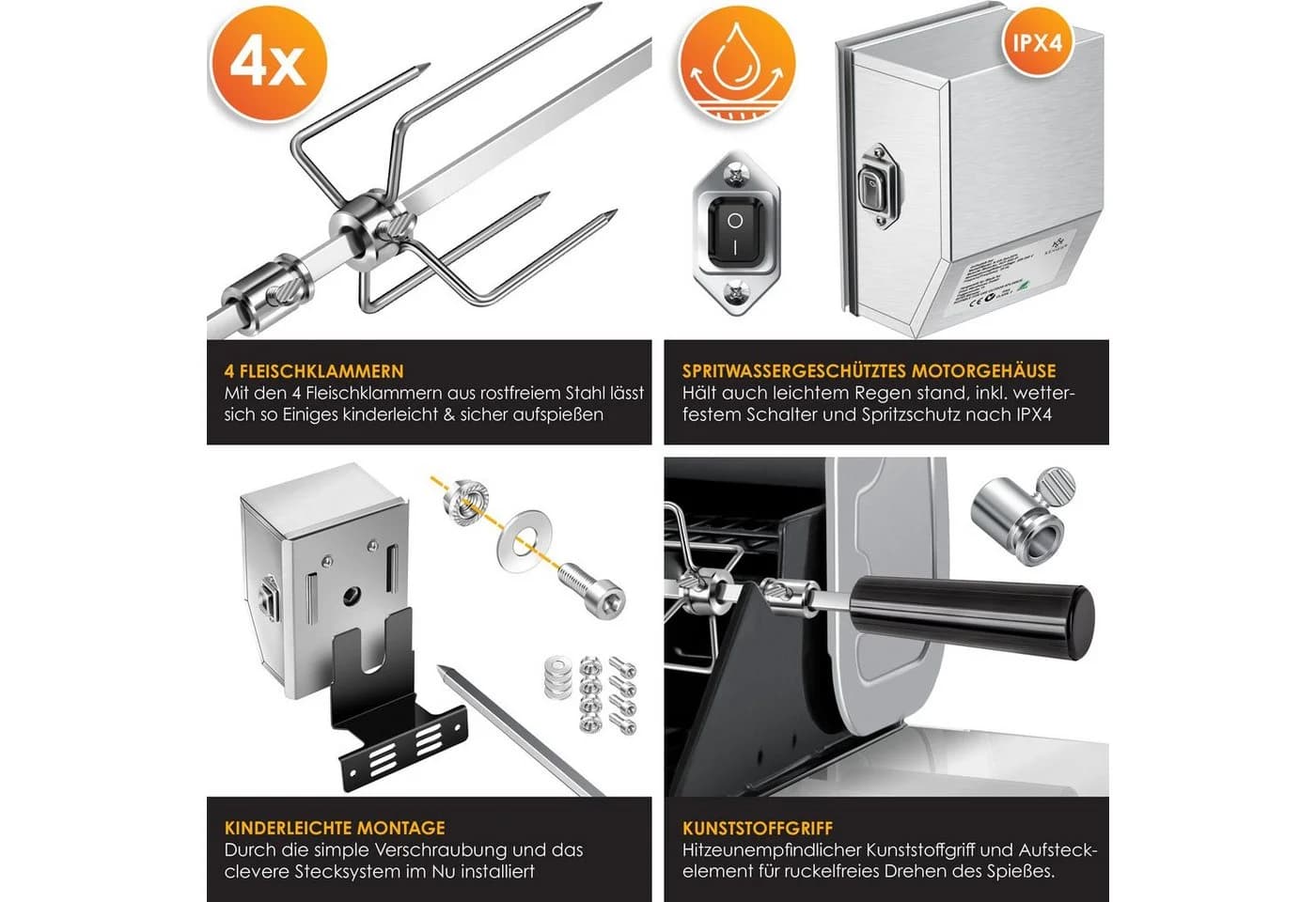 KESSER Grillspieß Set 116cm mit Motor, 4 Fleischgabeln, 25kg Tragkraft, Rostfrei - Bild 5