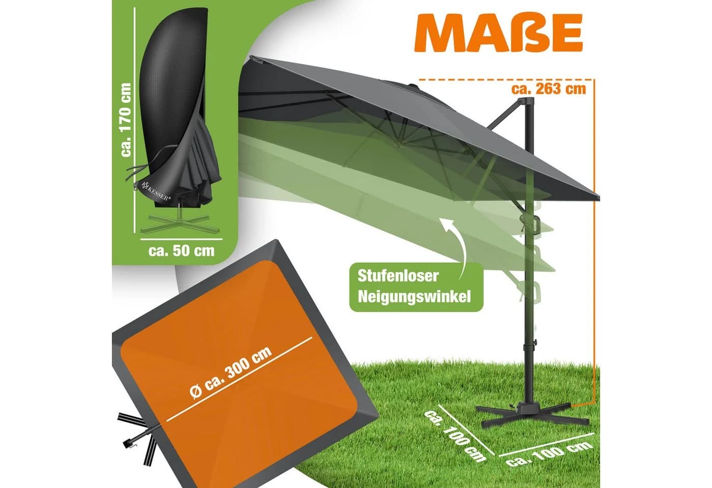 KESSER Sonnenschirm Ampelschirm SUN XL 300 x 300 cm - Bild 2