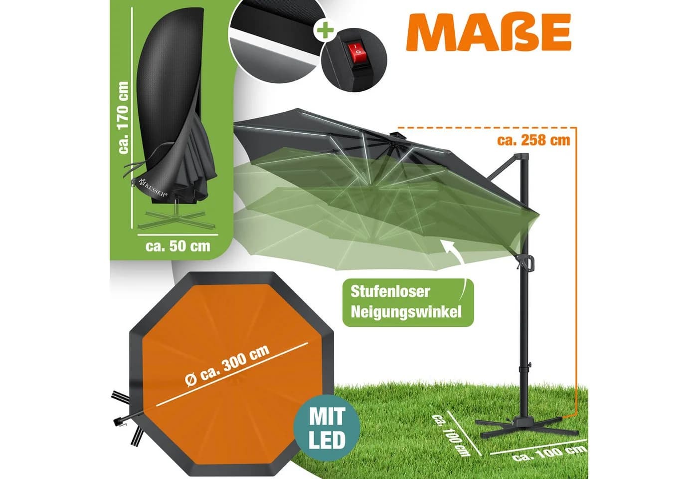 KESSER Ampelschirm SUN Rund XL Grau 330cm mit LED - Bild 2