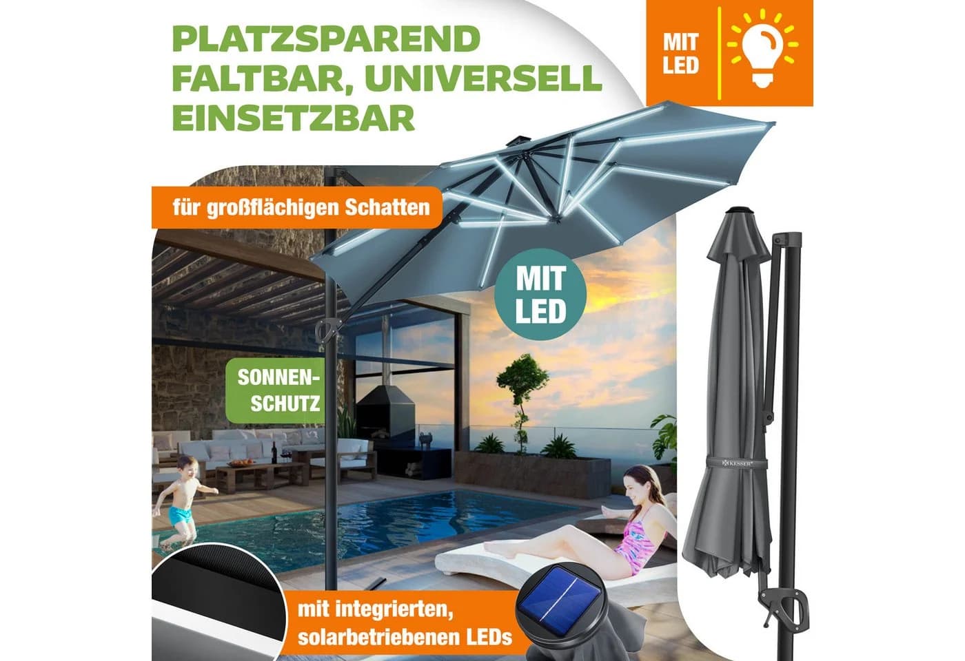 KESSER Ampelschirm SUN Rund XL Grau 330cm mit LED - Bild 5