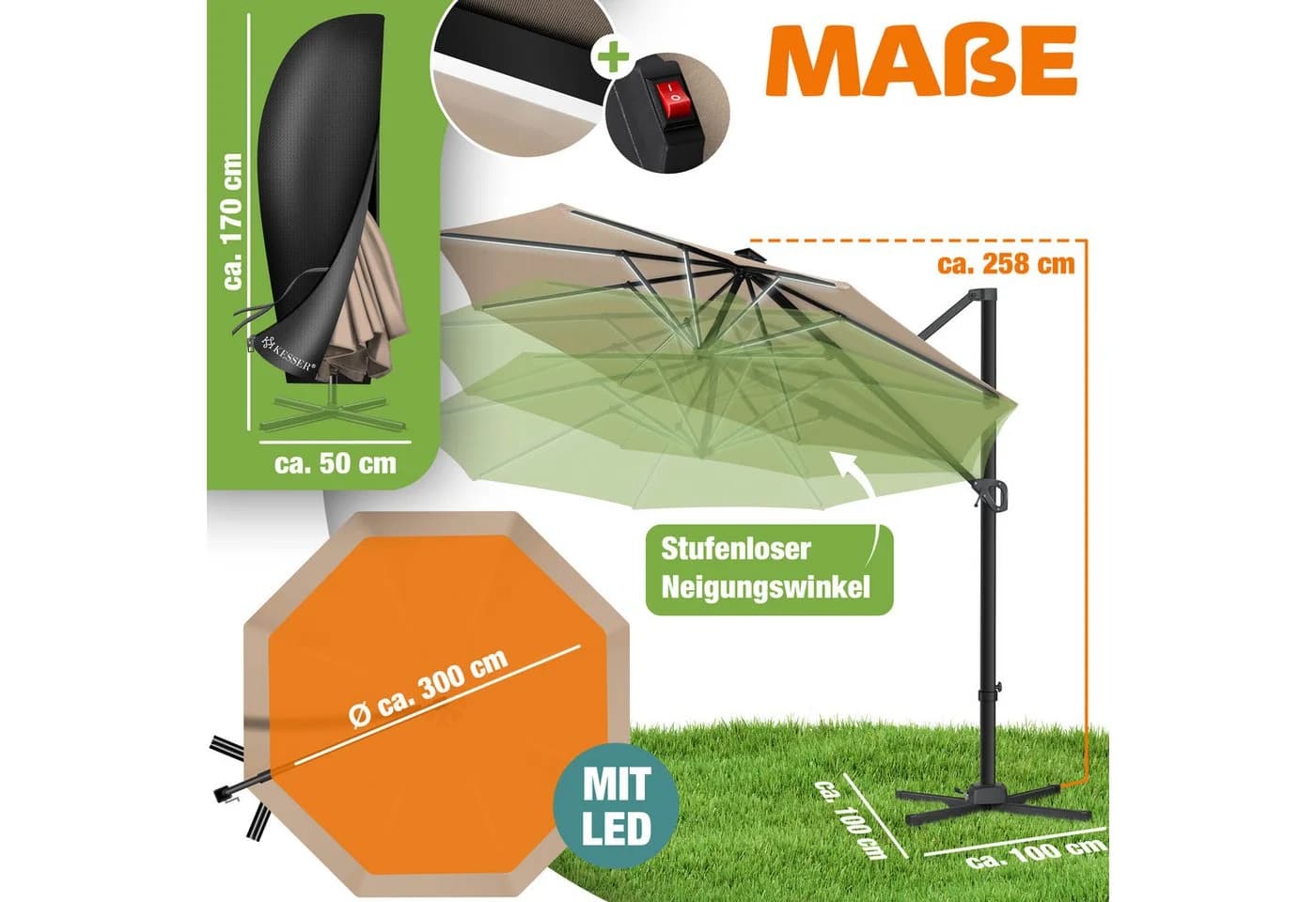 KESSER Ampelschirm SUN XL Taupe 330cm mit LED und Solar - Bild 2