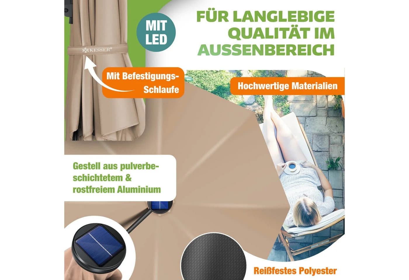 KESSER Ampelschirm SUN XL Taupe 330cm mit LED und Solar - Bild 4
