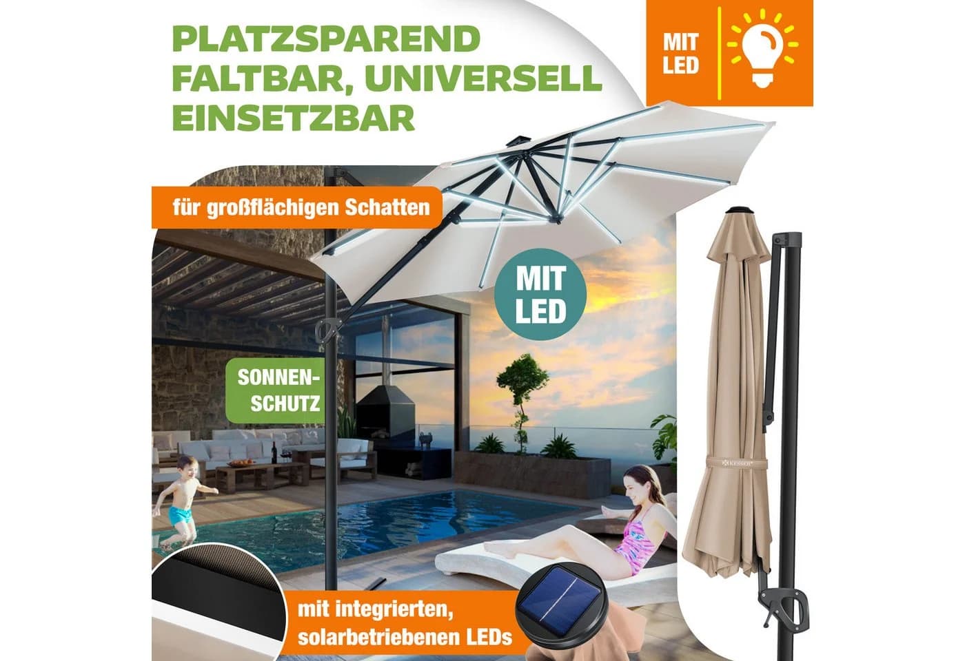 KESSER Ampelschirm SUN XL Taupe 330cm mit LED und Solar - Bild 5