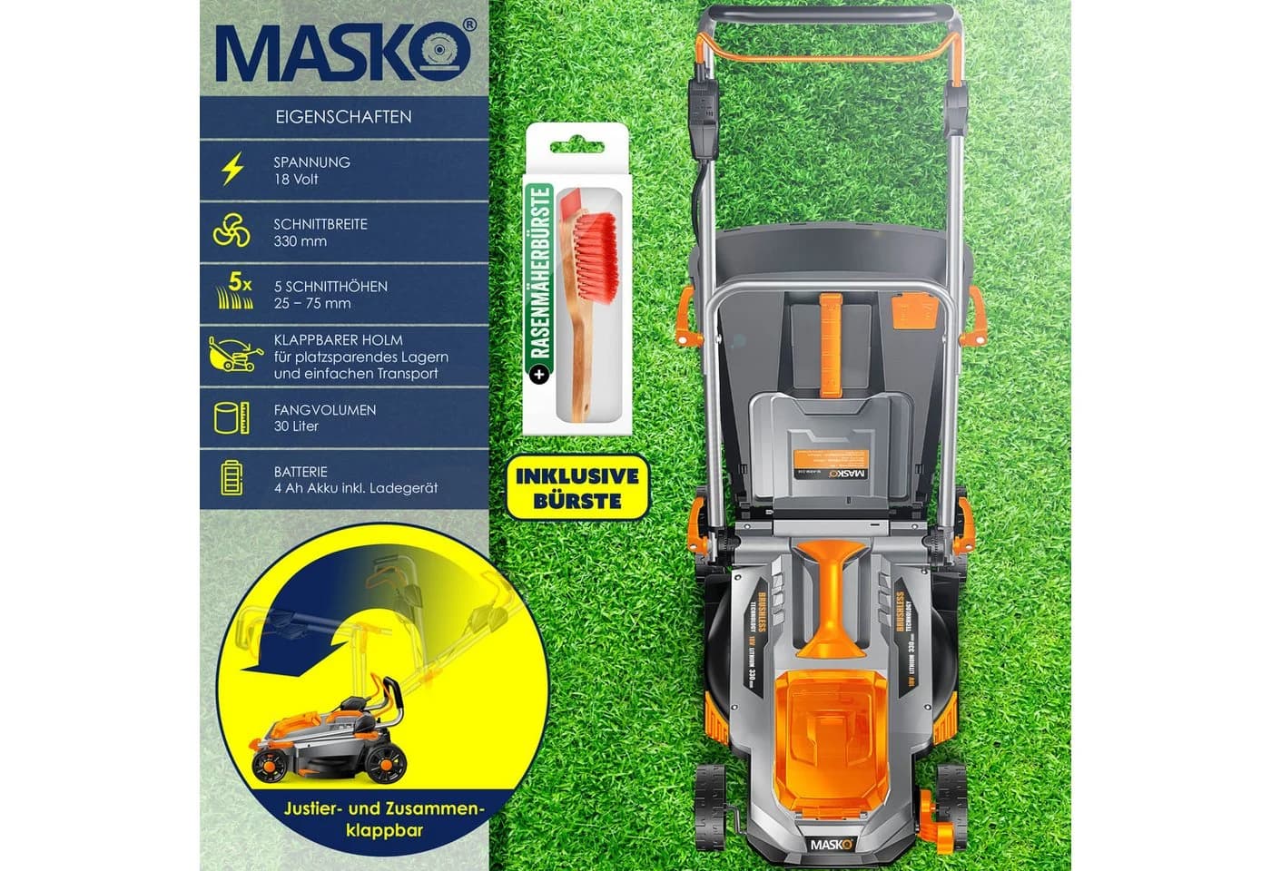MASKO Akkurasenmäher ECO-X10 33cm Schnittbreite 18V Akku - Bild 2