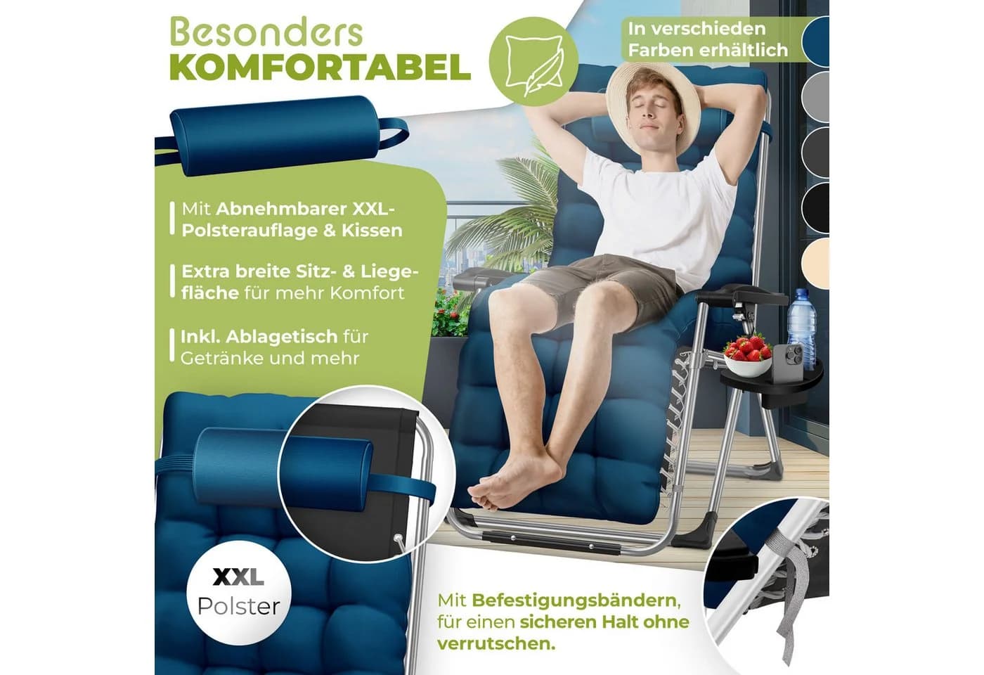 KESSER Sonnenliege Klappbar Mit Getränkehalter Gartenstuhl Mit Auflage Polster