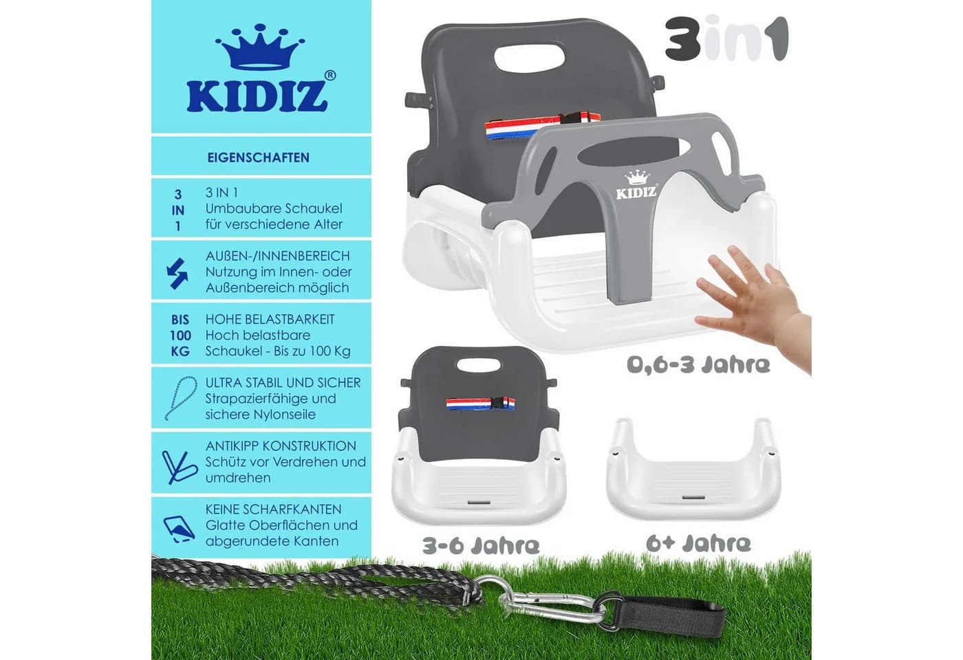 KIDIZ Babyschaukel 3 in 1 Mitwachsender Schaukelsitz Anthrazit - Bild 2