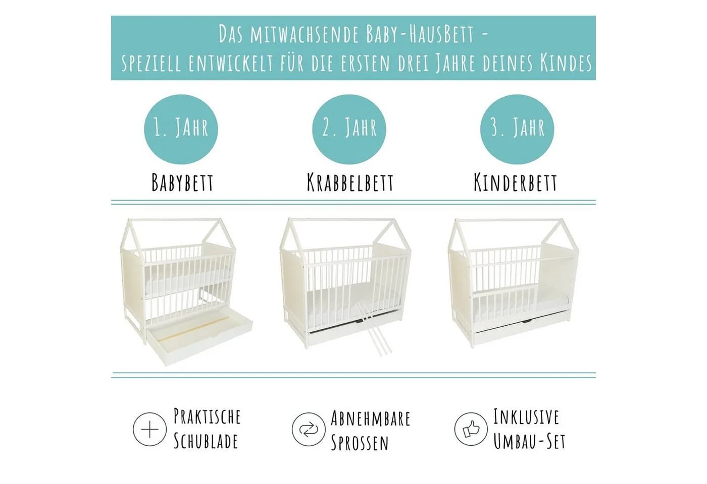 Kids Collective Babybett mit Schublade Weiß Umbaubar