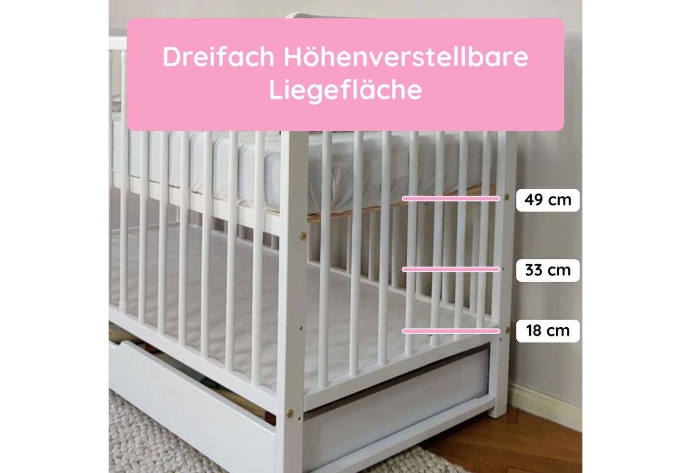 Kids Collective Babybett Weiß Massivholz mit Schublade und Lattenrost - Bild 3
