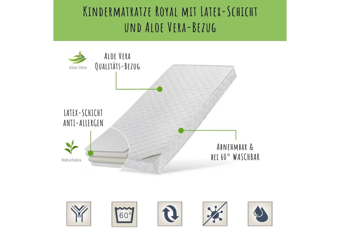 Kindermatratze LATEX DELUXE mit Aloe Vera-Bezug und zwei Härtegraden, Kids Collective